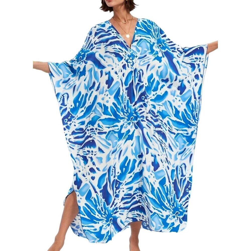 Women's Blue White V-neck Batwing Sleeve Flowy Split Hem Bohemian Kaftan Dress